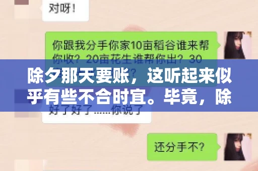 除夕那天要账，这听起来似乎有些不合时宜。毕竟，除夕是团圆的时刻，家家户户都在享受着节日的欢乐。然而，在现实生活中，总有一些人因为各种原因，不得不在这样一个特殊的日子里，去处理一些不那么愉快的事情，比如要账。今天，我们就来聊聊这个话题，看看在除夕那天要账，究竟是一种怎样的体验。